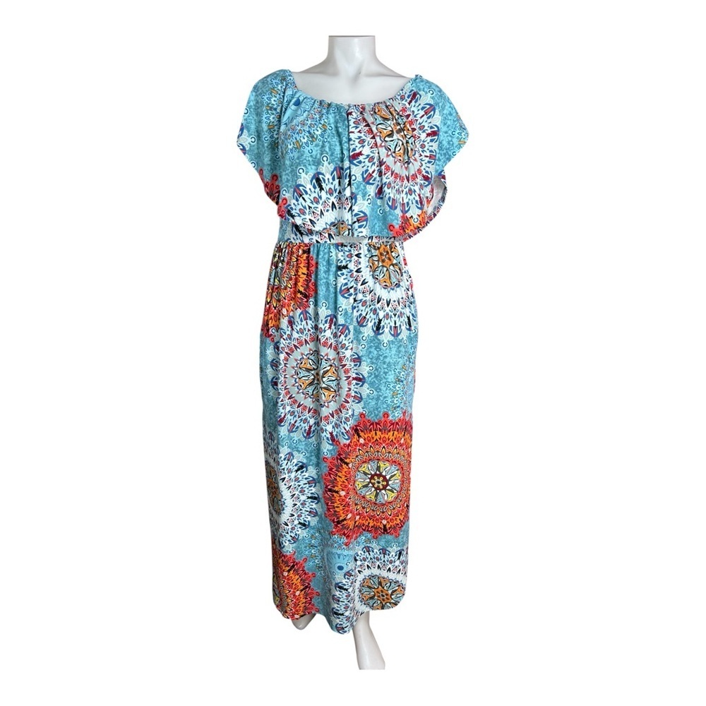 Verabendi Boho Mandala Maxi Dress Off Shoulder Blue Orange Size M - Picture 11 of 13